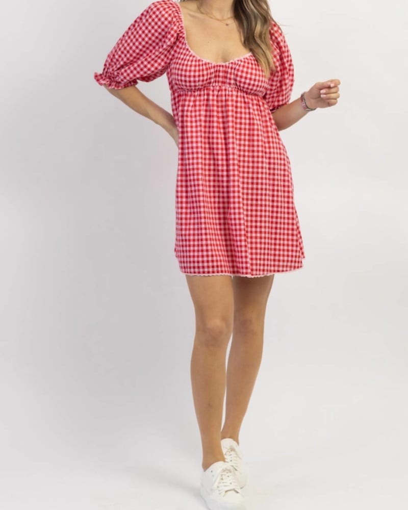 Front of a model wearing a size L Strawberry Fields Gingham Mini Dress In Red in Red by dee elly. | dia_product_style_image_id:354704